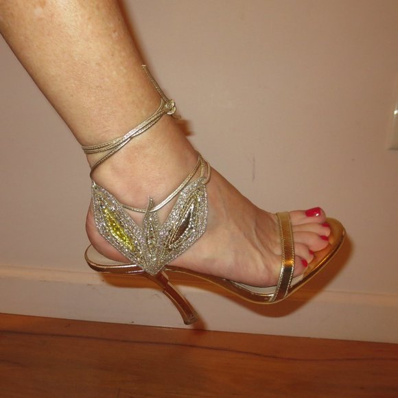Last chance. NNB PATRIZIA PEPE Gold Leather Ankle Laced High Heel Sandals - Picture 8 of 11